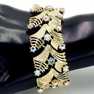 Coro Pegasus Gold Tone AB Aurora Borealis Rhinestone Wide Link Bracelet